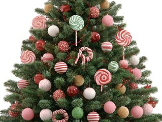Decorated Christmas tree with colorful candy and sweet ornaments bs festive holiday cheer to the home.