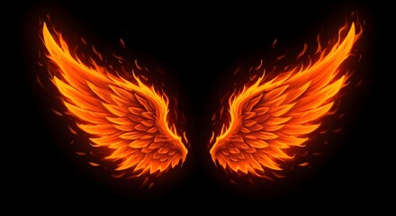 Fiery Wings on Black: Vivid orange wings with a dynamic flame texture glow against a black background, ideal for fantasy art, game assets, or dramatic backdrops.