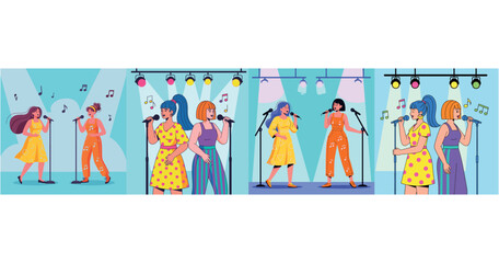 Fototapeta premium Four scenes show two women singing on stage with microphones under spotlights, creating a vibrant performance.