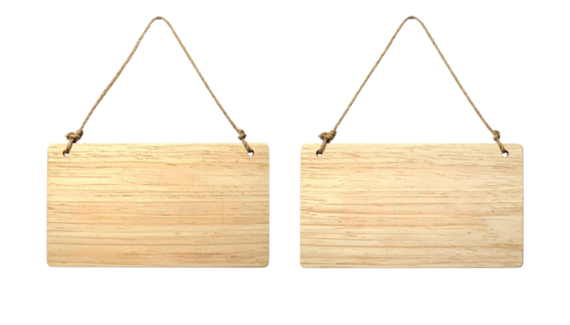A pair of blank wooden hanging signs with rope, perfect as a mockup or template for text, isolated on a white background