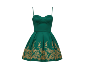 Isolated green sleeveless mini dress with gold floral trim on skirt, casual summer party outfit