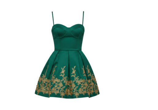 Isolated green sleeveless mini dress with gold floral trim on skirt, casual summer party outfit