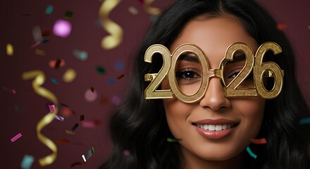 Woman wearing 2026 shaped glasses celebrating the New Year with joy and sparkle. Happy woman with 2026 New Year glasses posing for festive celebration visuals. Happy New Year 2026