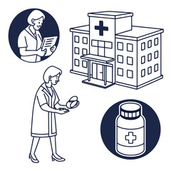 Illustration showing a hospital building, nurses, and medicine bottle in a simple line drawing style