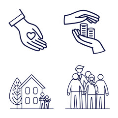 Icons depicting charity with hands heart money house family and community support and giving help concept