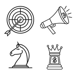 Illustration of a target with arrow, megaphone, chess knight, and a chess piece with a dollar sign crown