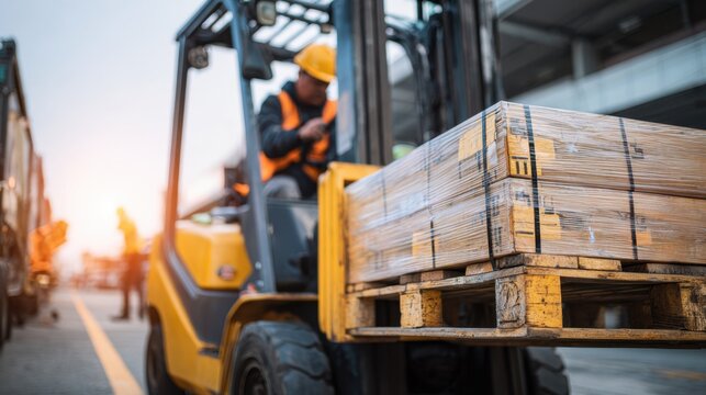 Medium shot of a forklift operator carefully unloading heavy crates from a truck with the background warehouse blurred for focus on the machinery.