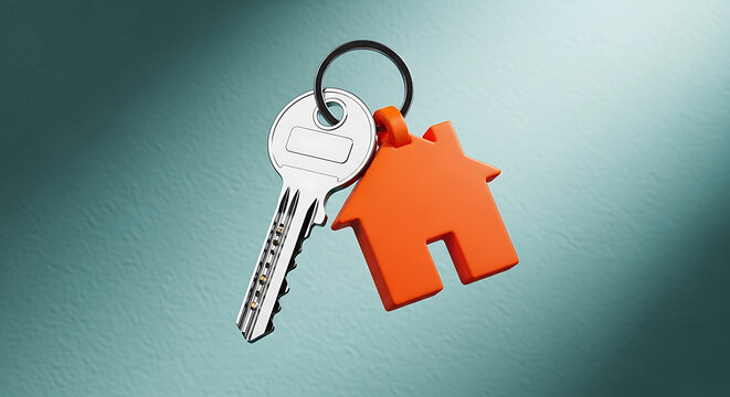Silver key and orange house-shaped keychain connected by metal ring on green textured background representing property, home ownership, and real estate. - Powered by Adobe