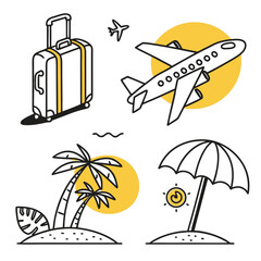 Illustration of travel icons featuring a suitcase airplane palm trees and beach umbrella on a white background