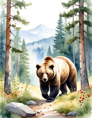 Brown bear in a misty mountain forest. Watercolor style