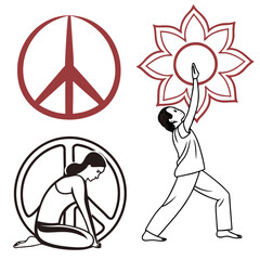Peace symbols and yoga poses depicted in line art with a flower design and figure poses in black and red