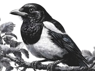 A detailed monochromatic illustration shows a magpie perched gracefully upon a leafy branch in stark contrast.
