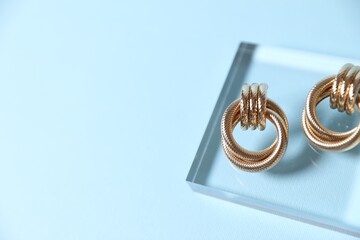 Beautiful gold earrings on light blue background, closeup. Space for text