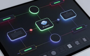 The AI Agent interconnected diagram on a digital tablet surface