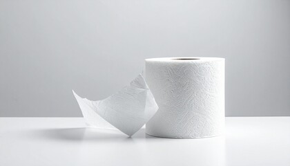 Single white toilet paper roll on smooth surface with light gray background&mdash;symbolizing hygiene, simplicity, and minimalist product design.
