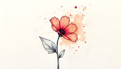 Stylized vibrant tropical hibiscus flower illustration with watercolor splatters on white