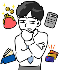 資産運用について考える若手会社員の男性のベクターイラスト