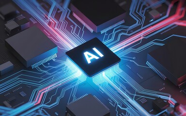 AI circuit board, showcasing a neon-lit AI symbol in the center of a complex network of interconnected circuits