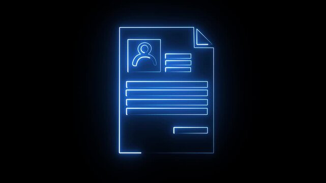 A luminous neon blue animation of a resume or cv document with a profile icon and text lines, presented against a black background, representing job search and application concepts in a looping graphi