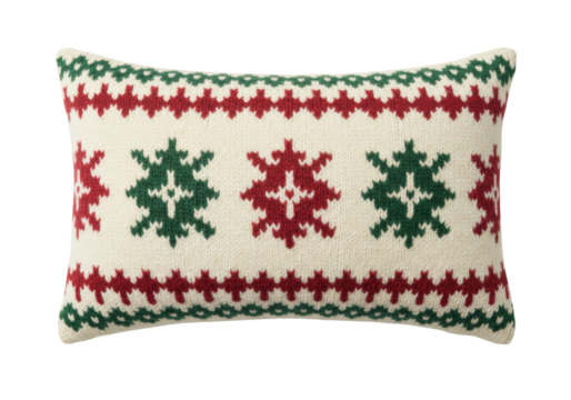 Isolated knitted cushion, red green pattern, Nordic design, fair isle holiday pillow cover