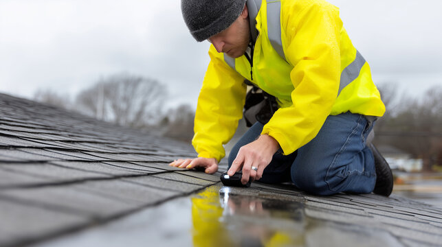 Roofer checking roof for leaks after heavy rain. A contractor in a rain jacket uses a moisture sensor and flashlight to inspect the roof surface for potential leaks. The wet shingl