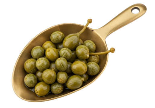 Isolated scoop of caper berries, pickled and ready to eat, perfect for salads and sauces