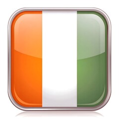 Square button graphic of a national flag.  A glossy, square icon, metallic frame, depicts the flag of a country.  Vibrant orange, white, and muted green vertical stripes.  Reflection effect below