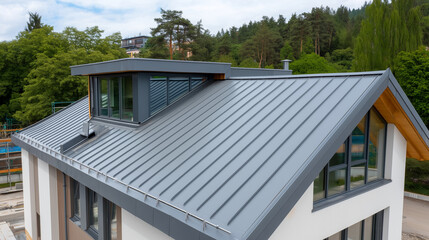 New metal roof installation on contemporary house. Workers install sleek gray metal roofing panels on a modern two-story house surrounded by trees. The reflective metallic finish c