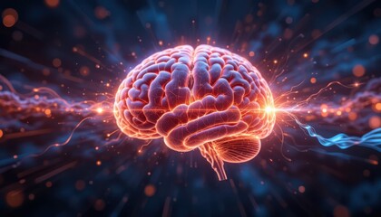 Fototapeta premium Vibrant, glowing human brain pulsating with energy and innovation, symbolizing intelligence and complex thought processes in a dynamic digital realm.