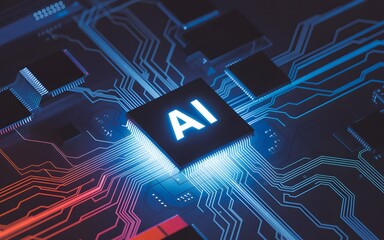 A detailed view of a computer's AI chip glowing. The intricate circuitry and glowing AI text showcase advanced technology