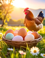 Fresh eggs in a nest, hen in the background.  Sunrise