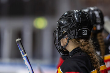 Ice hockey player close-up photo standing in the teams bench
