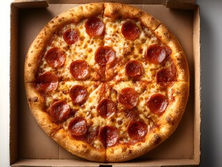 Freshly baked pepperoni pizza with melted mozzarella cheese sits inside a cardboard delivery box ready to eat.