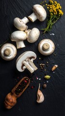 Fresh white mushrooms and spices on dark slate