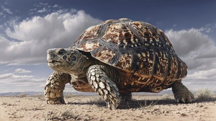 Fototapeta premium Large tortoise walking across desert landscape