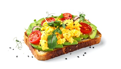 Avocado toast topped with scrambled eggs, cherry tomatoes, and herbs