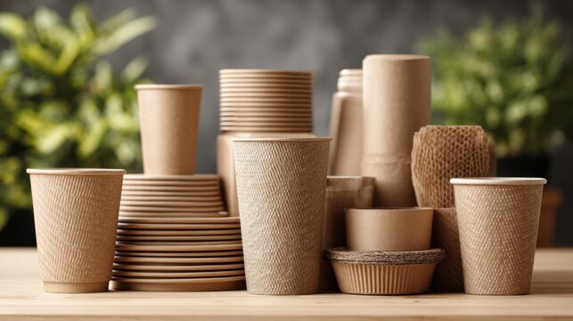 Ecofriendly packaging variations in medium shot paper compostable and reusable materials highlighted with a shallow depth of field effect.
