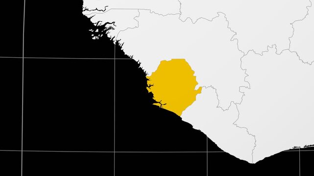 Sierra Leone map. Animated zoom into the country on the Globe in Black White color palette. Country logo animation. Map with meridians, parallels. Neat video.