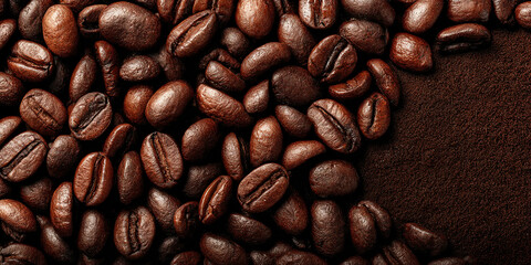 Fototapeta premium Coffee beans and ground powder in warm brown tones macro closeup - AI generated