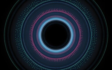 Abstract circular graphic design with vibrant colors and a dark background, resembling a technological interface or a portal