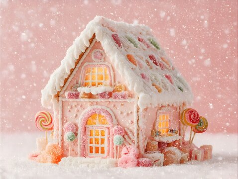 A whical gingerbread house with candy accents sits in the snow against a soft pink winter backdrop.