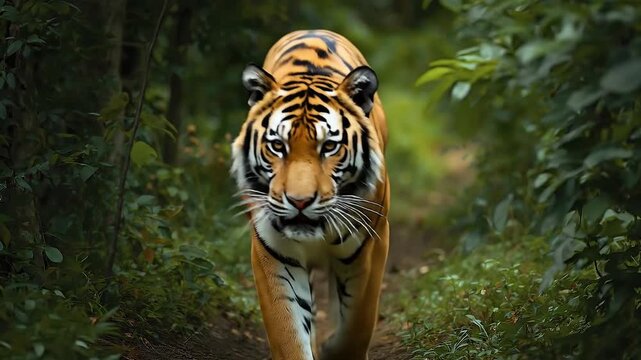 A majestic wild striped feline slowly and deliberately walks along a narrow dirt path through a dense, verdant forest. Its powerful presence is highlighted by its distinctive orange and black coat, wi