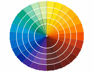 Obraz premium Colorful circular color wheel chart with white grid lines on a plain white background for graphic design and color theory applications.