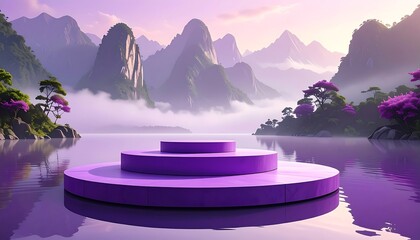 Purple tiered platform on a lake, serene mountain landscape