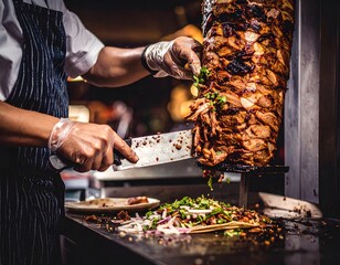 Chef Slicing Meat from Vertical Rotisserie with Fresh Ingredients
