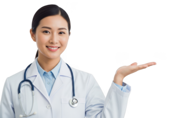 Smiling asian female doctor wearing lab coat and stethoscope presenting with open hand isolated on transparent background