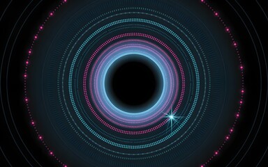 An abstract, digitally created illustration of a geometric circular design with glowing rings and a black center, evoking a sense of depth and cosmic mystery