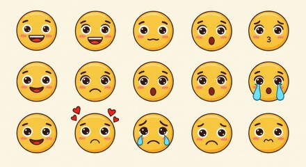Kawaii Emoji Faces Collection , Cute Cartoon Expressions Set with Blush and Sparkle Eyes on Soft Textured Background