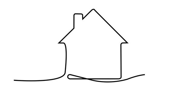 Animated continuous line drawing of a simple house with a chimney on a wavy ground line, black ink outline animation, abstract real estate concept.	