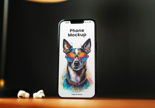 Phone Standing on Desk Mockup